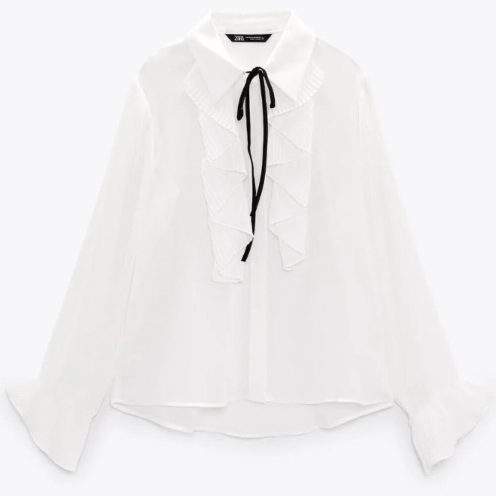Zara Ruffle Black Lace Shirt White Size S Brand New With Tags